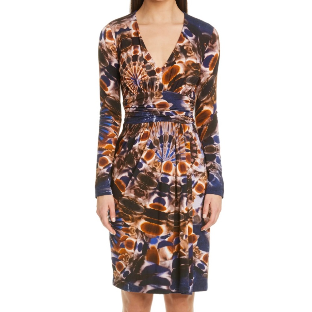 FUZZI Print Drape Long Sleeve Mesh Dress V-neck Lined Size 14 (X-Large) $795 NWT